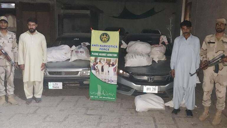 Anti Narcotics Force (ANF) Peshawar, intercepted two vehicles and recovered 312 Kg’s of Hashish and 96 Kg’s of Opium