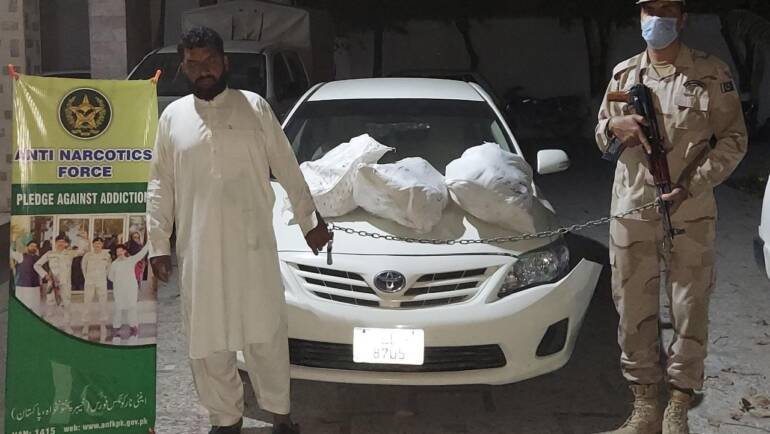 Anti Narcotics Force (ANF) Peshawar, intercepted a Toyota Corolla car and recovered 96 Kg’s of Hashish and 48 Kg’s of Opium